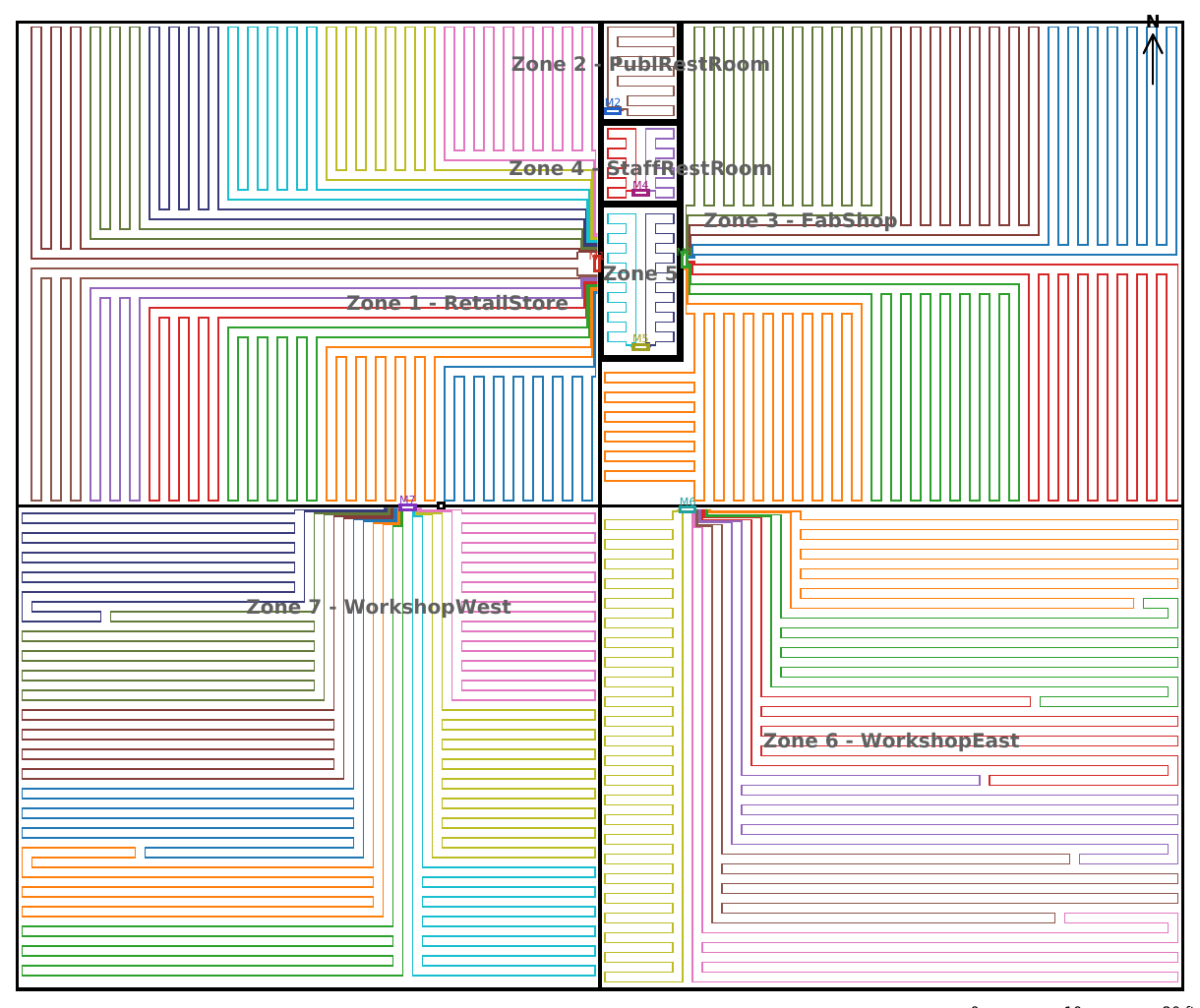 A radiant floor layout from Heckers Sketch: seven zones of tubing loops, each in its own color
