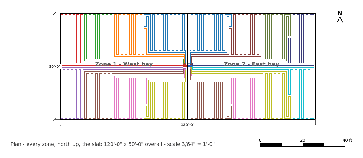 The plan of a 120 by 50 foot shop: two zones of loops, each loop in its own color, the slab's overall size dimensioned